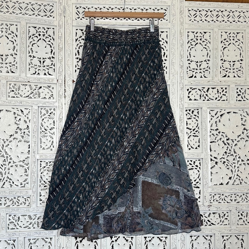 Vtg Dorothy Schoelen Blue And Gray Aztec Geometric Asymmetrical Boho Midi‎ Skirt